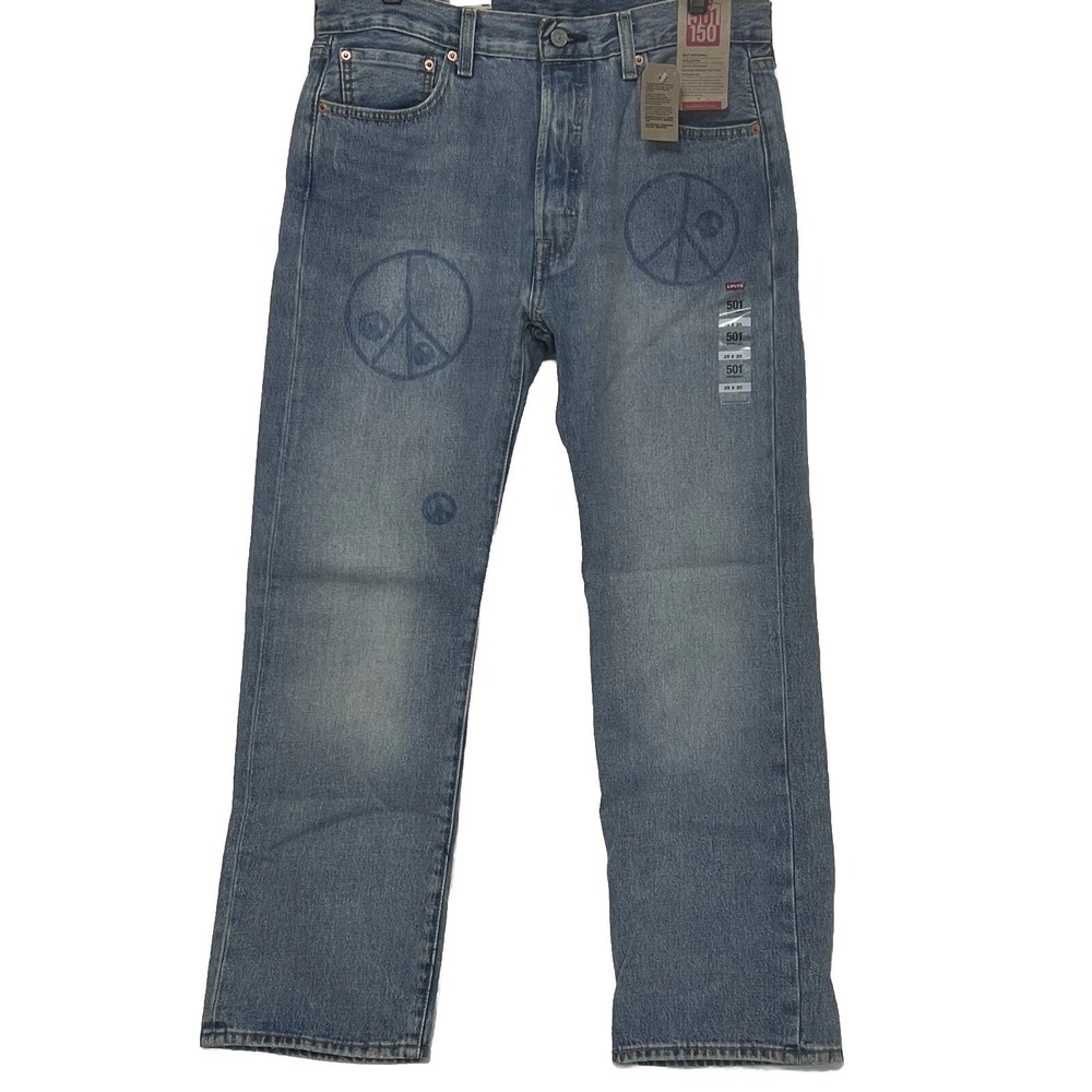 Levis 501 Button Fly 150th Anniversary Blue Denim Jeans Peace Sign Men 35x30